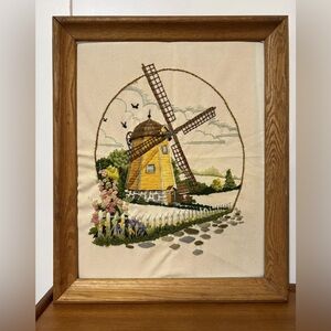 Vintage Framed Crewel  Dutch Windmill 19x23 Sunset Stitchery Complete Embroidery